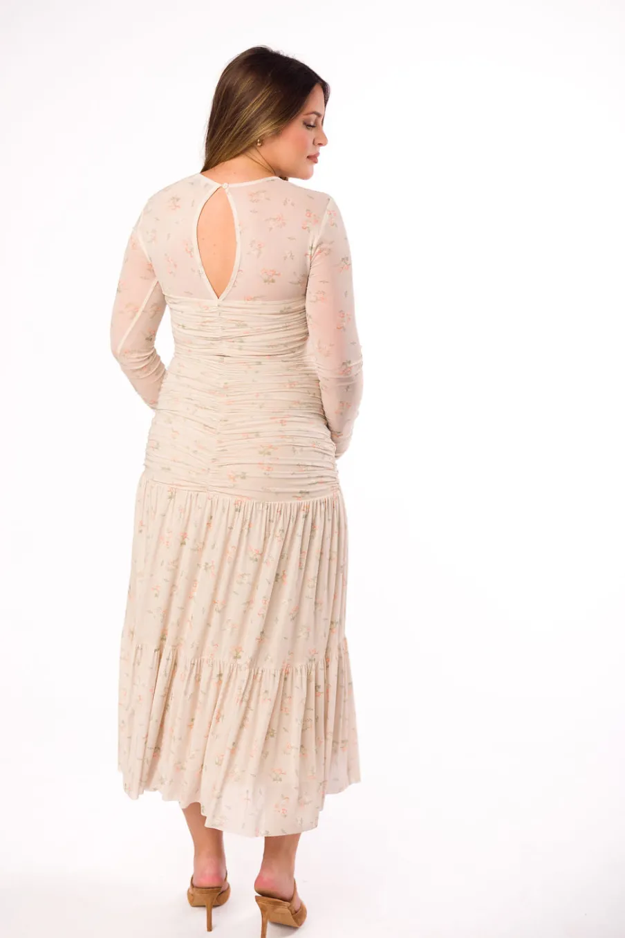 Online Worth Collective Camille Mesh Gathered Side Seam Maxi Dress in Nude Multi Floral - Bump