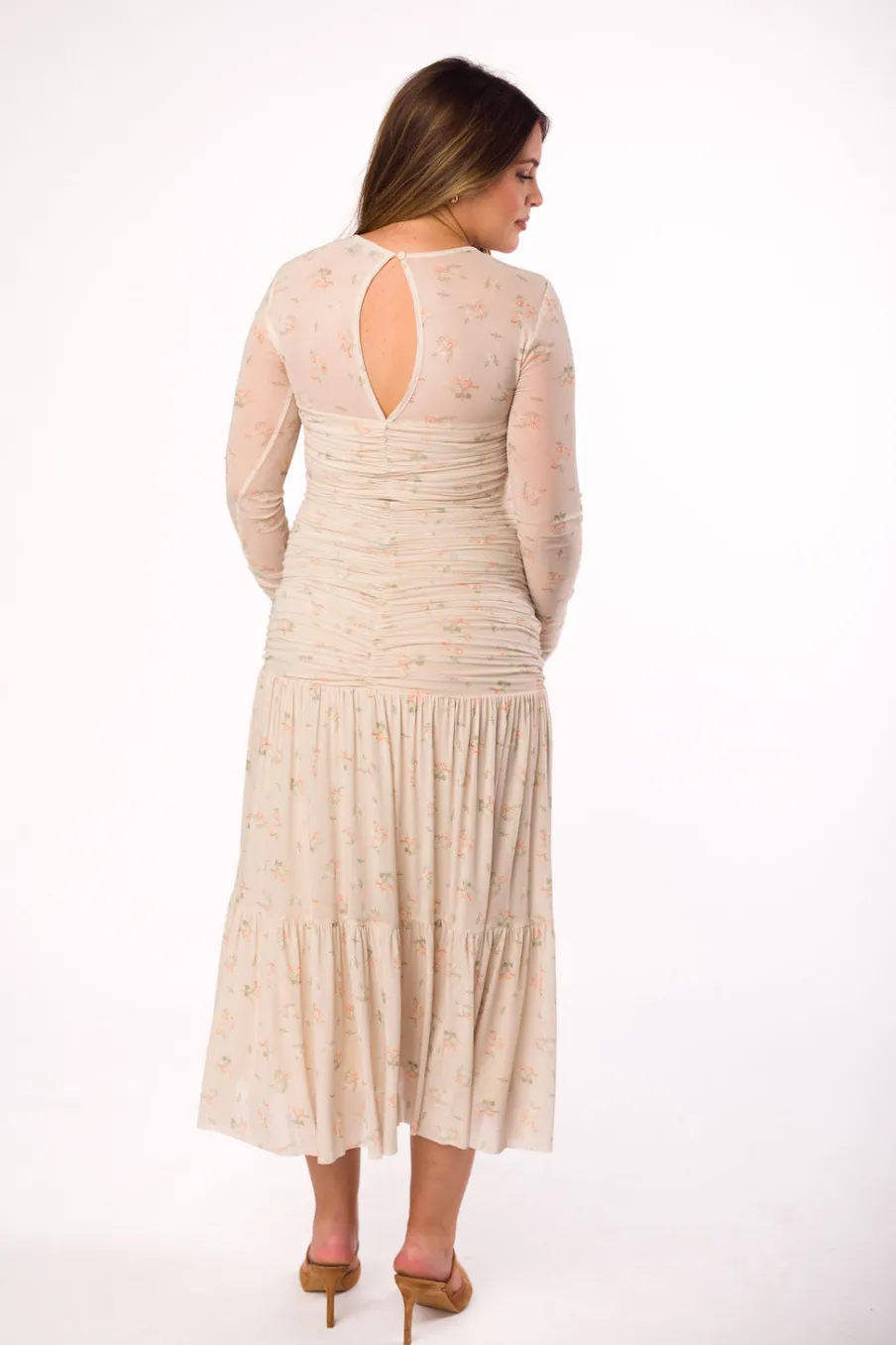 Online Worth Collective Camille Mesh Gathered Side Seam Maxi Dress in Nude Multi Floral - Bump