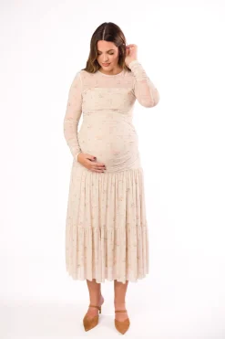 Online Worth Collective Camille Mesh Gathered Side Seam Maxi Dress in Nude Multi Floral - Bump