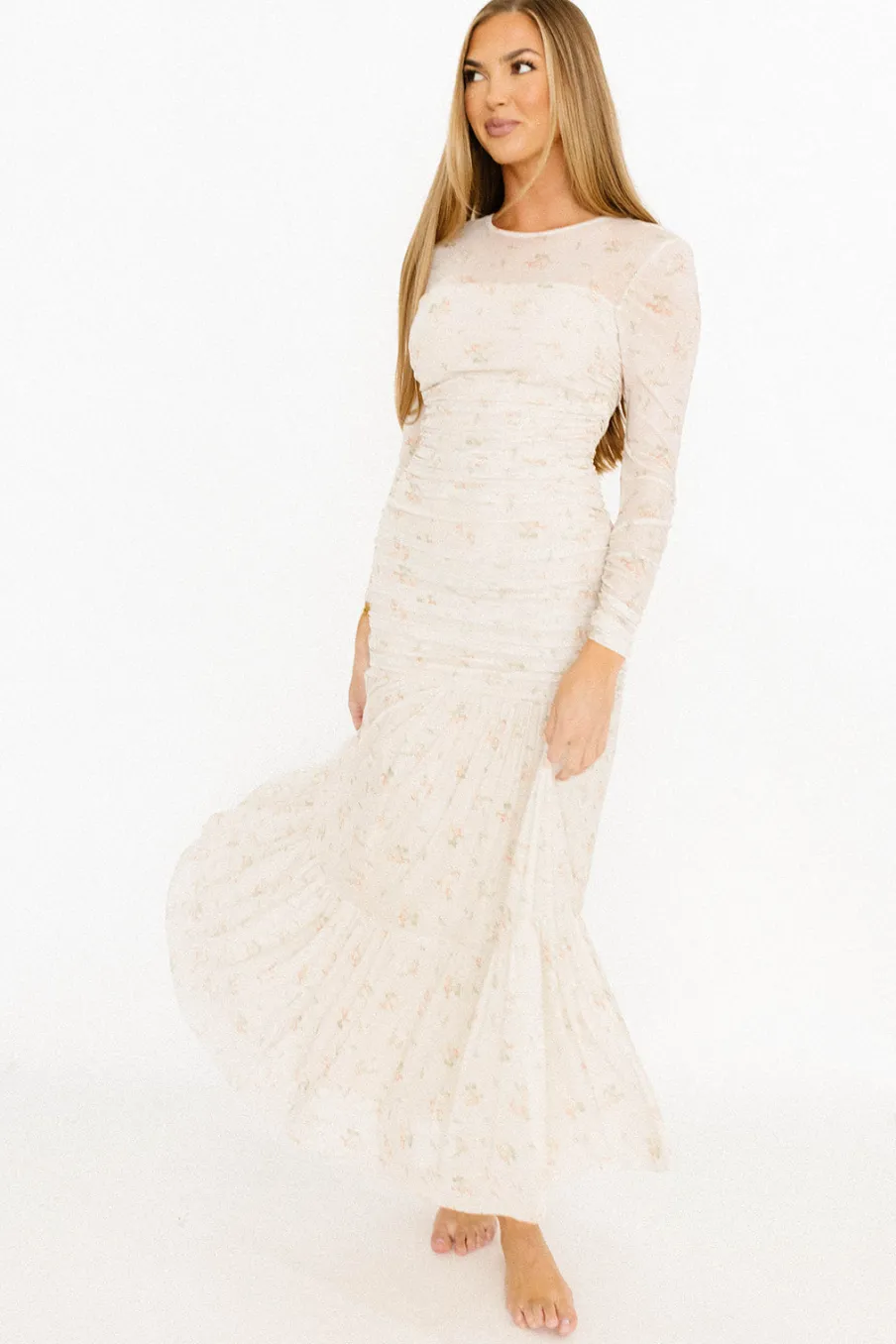 Online Worth Collective Camille Mesh Gathered Side Seam Maxi Dress in Nude Multi Floral - Bump