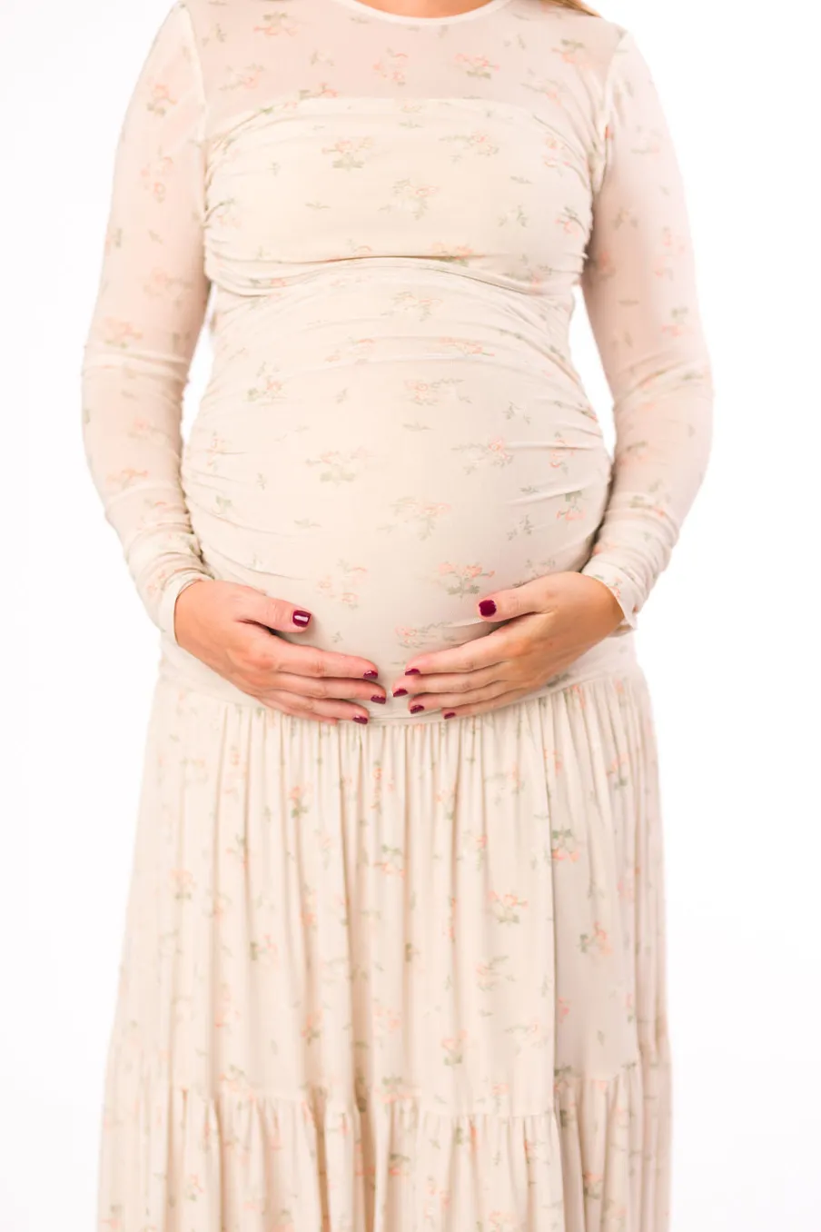 Online Worth Collective Camille Mesh Gathered Side Seam Maxi Dress in Nude Multi Floral - Bump
