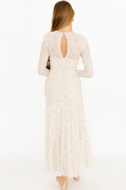 Online Worth Collective Camille Mesh Gathered Side Seam Maxi Dress in Nude Multi Floral - Bump