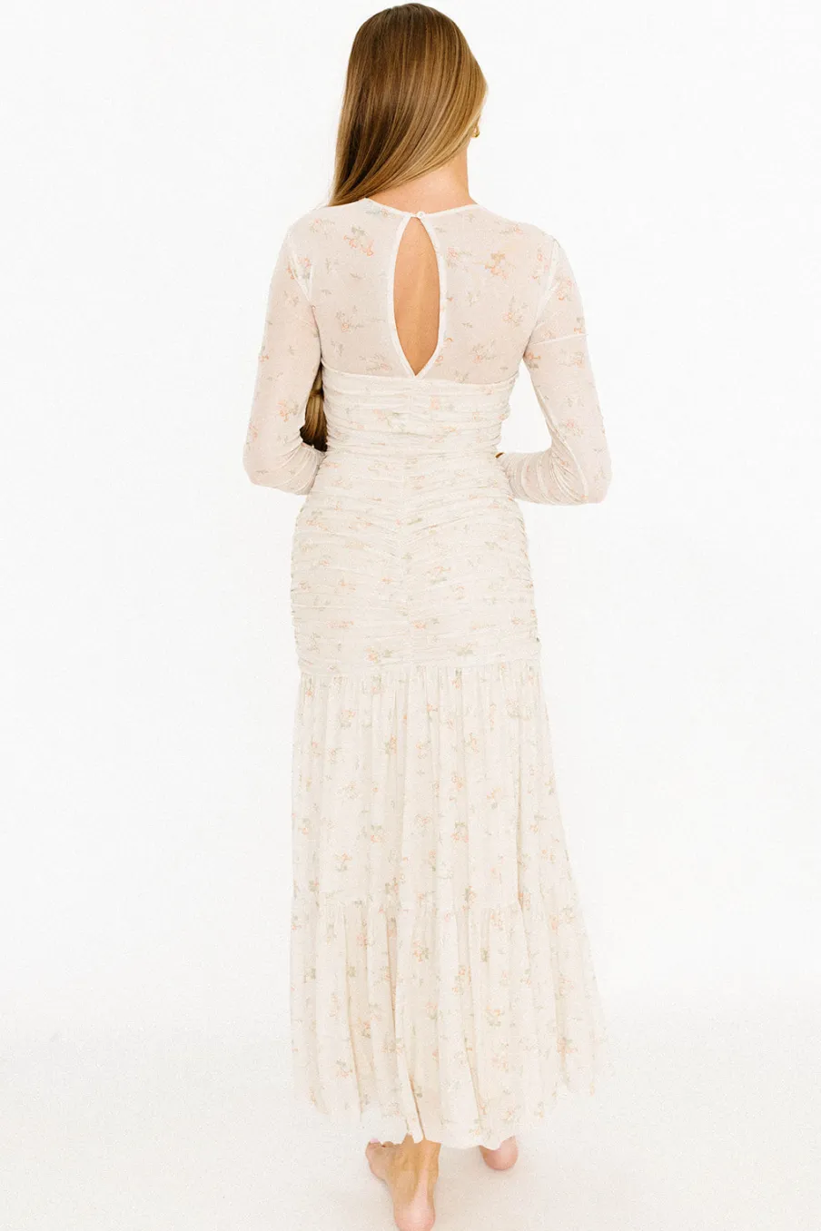 Online Worth Collective Camille Mesh Gathered Side Seam Maxi Dress in Nude Multi Floral - Bump