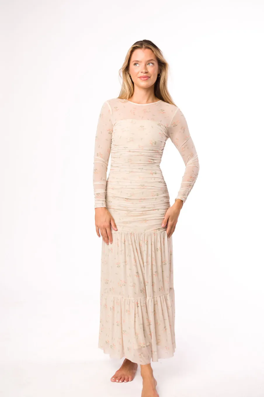 Online Worth Collective Camille Mesh Gathered Side Seam Maxi Dress in Nude Multi Floral - Bump
