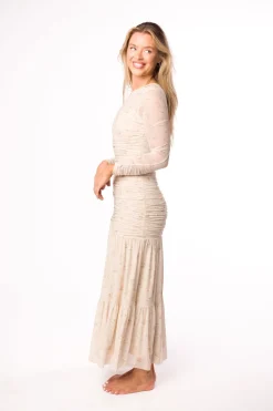 Online Worth Collective Camille Mesh Gathered Side Seam Maxi Dress in Nude Multi Floral - Bump