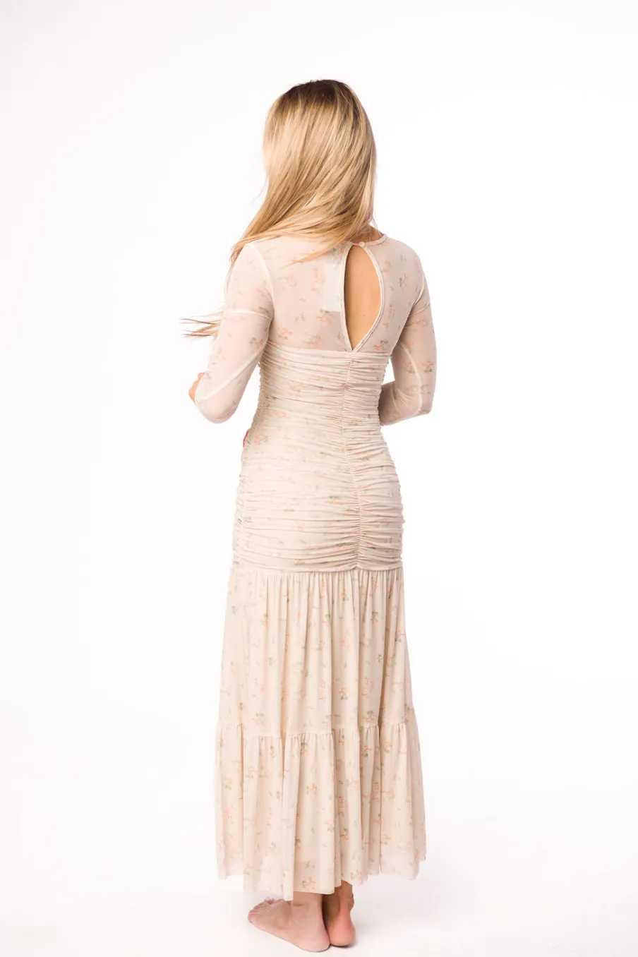 Online Worth Collective Camille Mesh Gathered Side Seam Maxi Dress in Nude Multi Floral - Bump