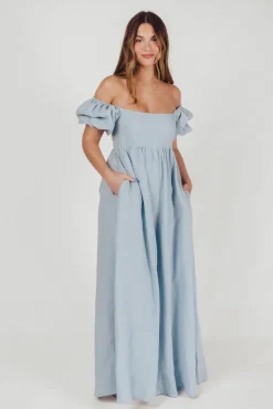 Fashion Worth Collective Candace Maxi Dress in Light Blue - 100% Linen - Bump Friendly (Low Sto