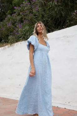 Fashion Worth Collective Candace Maxi Dress in Light Blue - 100% Linen - Bump Friendly (Low Sto
