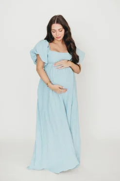 Fashion Worth Collective Candace Maxi Dress in Light Blue - 100% Linen - Bump Friendly (Low Sto