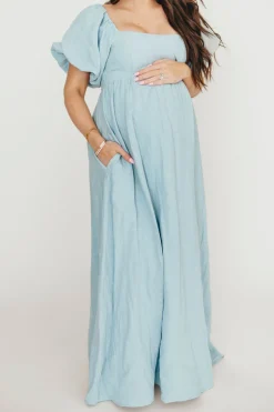 Fashion Worth Collective Candace Maxi Dress in Light Blue - 100% Linen - Bump Friendly (Low Sto