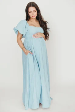 Fashion Worth Collective Candace Maxi Dress in Light Blue - 100% Linen - Bump Friendly (Low Sto