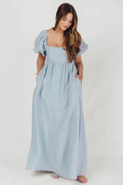 Fashion Worth Collective Candace Maxi Dress in Light Blue - 100% Linen - Bump Friendly (Low Sto