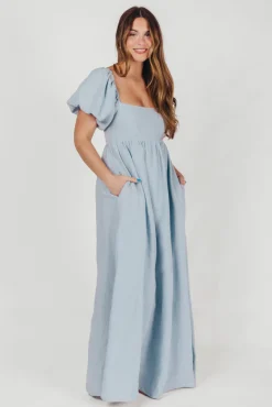 Fashion Worth Collective Candace Maxi Dress in Light Blue - 100% Linen - Bump Friendly (Low Sto