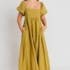 Hot Worth Collective Candace Maxi Dress in Olive - 100% Linen - Bump Friendly