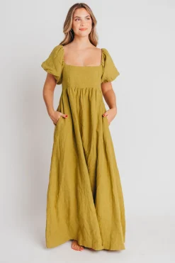 Hot Worth Collective Candace Maxi Dress in Olive - 100% Linen - Bump Friendly
