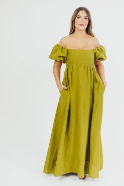 Hot Worth Collective Candace Maxi Dress in Olive - 100% Linen - Bump Friendly