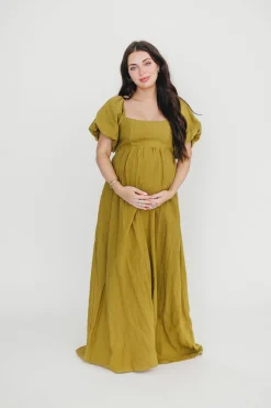 Hot Worth Collective Candace Maxi Dress in Olive - 100% Linen - Bump Friendly