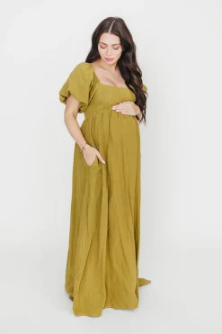 Hot Worth Collective Candace Maxi Dress in Olive - 100% Linen - Bump Friendly