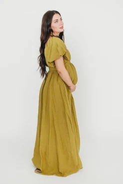 Hot Worth Collective Candace Maxi Dress in Olive - 100% Linen - Bump Friendly