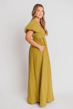 Hot Worth Collective Candace Maxi Dress in Olive - 100% Linen - Bump Friendly