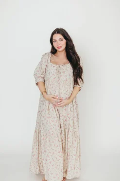 Online Worth Collective Cara 100% Cotton Maxi Dress in Pink/Brown Floral