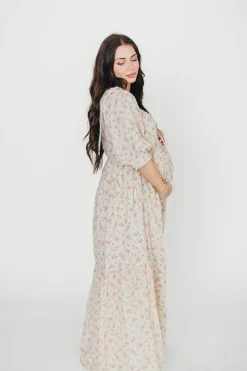Online Worth Collective Cara 100% Cotton Maxi Dress in Pink/Brown Floral