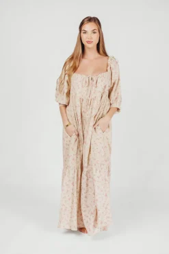 Online Worth Collective Cara 100% Cotton Maxi Dress in Pink/Brown Floral