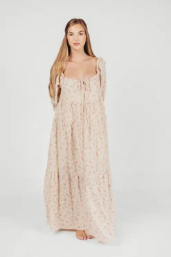 Online Worth Collective Cara 100% Cotton Maxi Dress in Pink/Brown Floral
