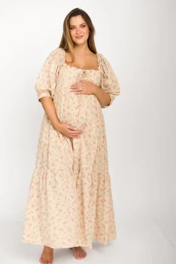 Online Worth Collective Cara 100% Cotton Maxi Dress in Pink/Brown Floral