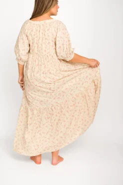 Online Worth Collective Cara 100% Cotton Maxi Dress in Pink/Brown Floral