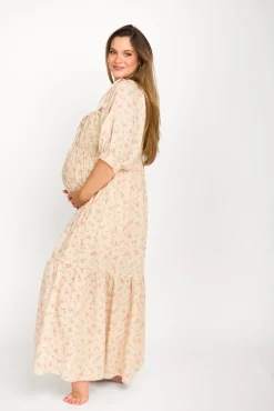 Online Worth Collective Cara 100% Cotton Maxi Dress in Pink/Brown Floral
