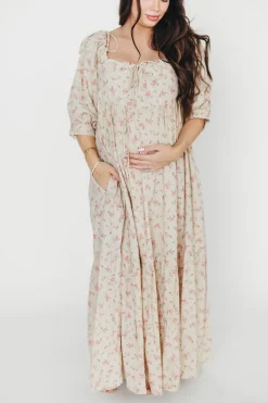Online Worth Collective Cara 100% Cotton Maxi Dress in Pink/Brown Floral