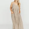 Outlet Worth Collective Carley Cotton & Linen Maxi Dress in Beige/Charcoal Stripe - Bump Frien