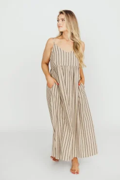 Outlet Worth Collective Carley Cotton & Linen Maxi Dress in Beige/Charcoal Stripe - Bump Frien
