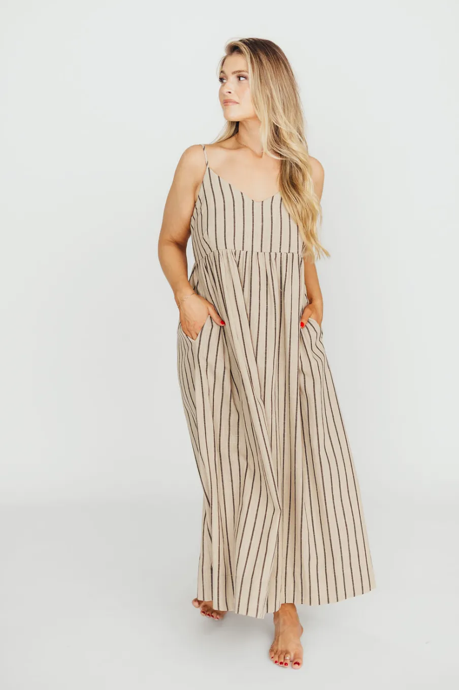 Outlet Worth Collective Carley Cotton & Linen Maxi Dress in Beige/Charcoal Stripe - Bump Frien