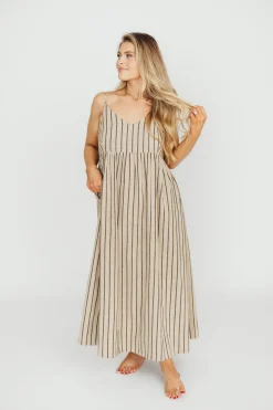 Outlet Worth Collective Carley Cotton & Linen Maxi Dress in Beige/Charcoal Stripe - Bump Frien