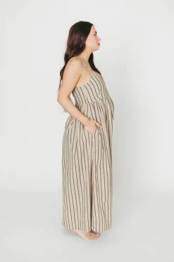 Outlet Worth Collective Carley Cotton & Linen Maxi Dress in Beige/Charcoal Stripe - Bump Frien