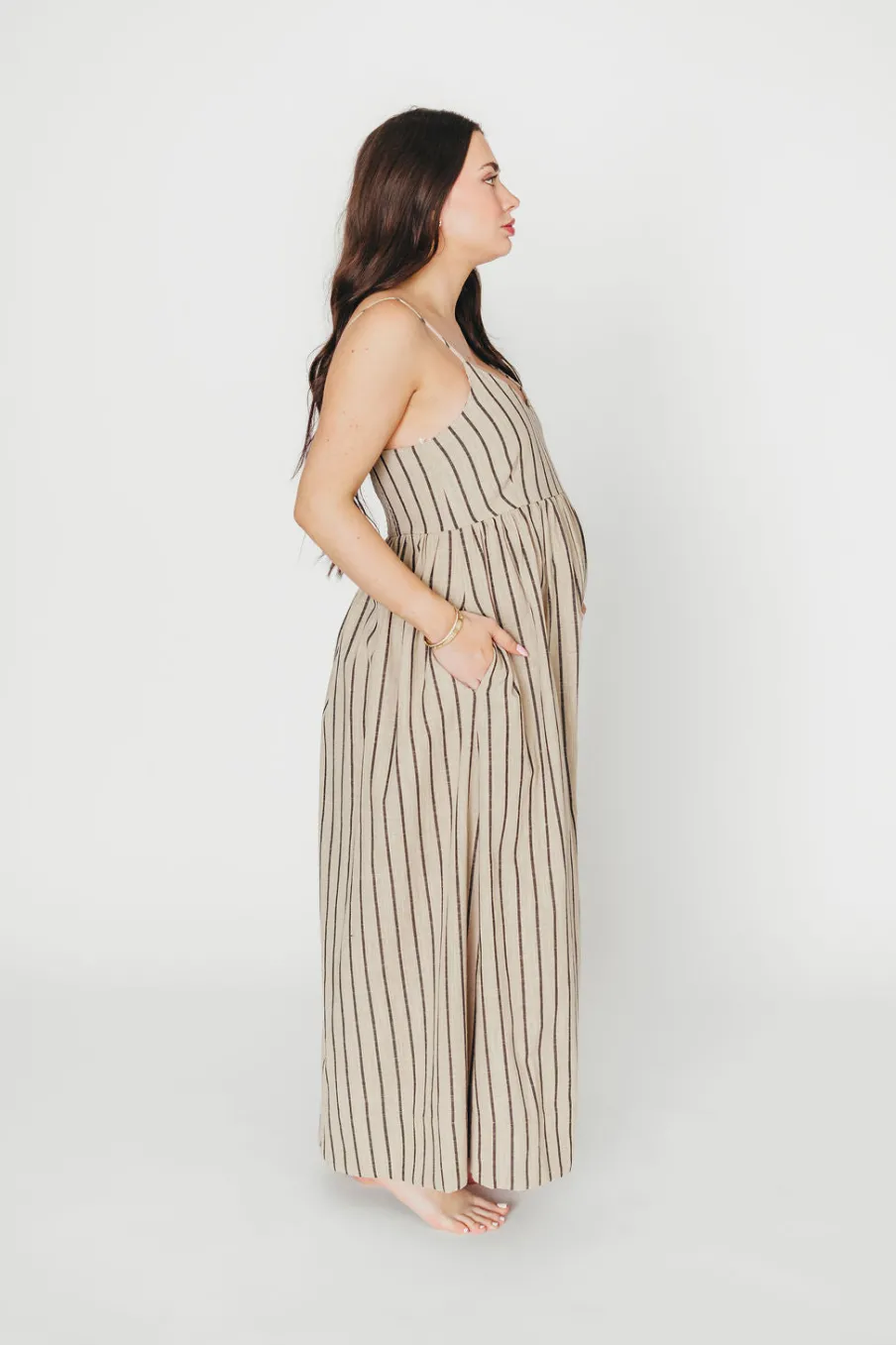Outlet Worth Collective Carley Cotton & Linen Maxi Dress in Beige/Charcoal Stripe - Bump Frien