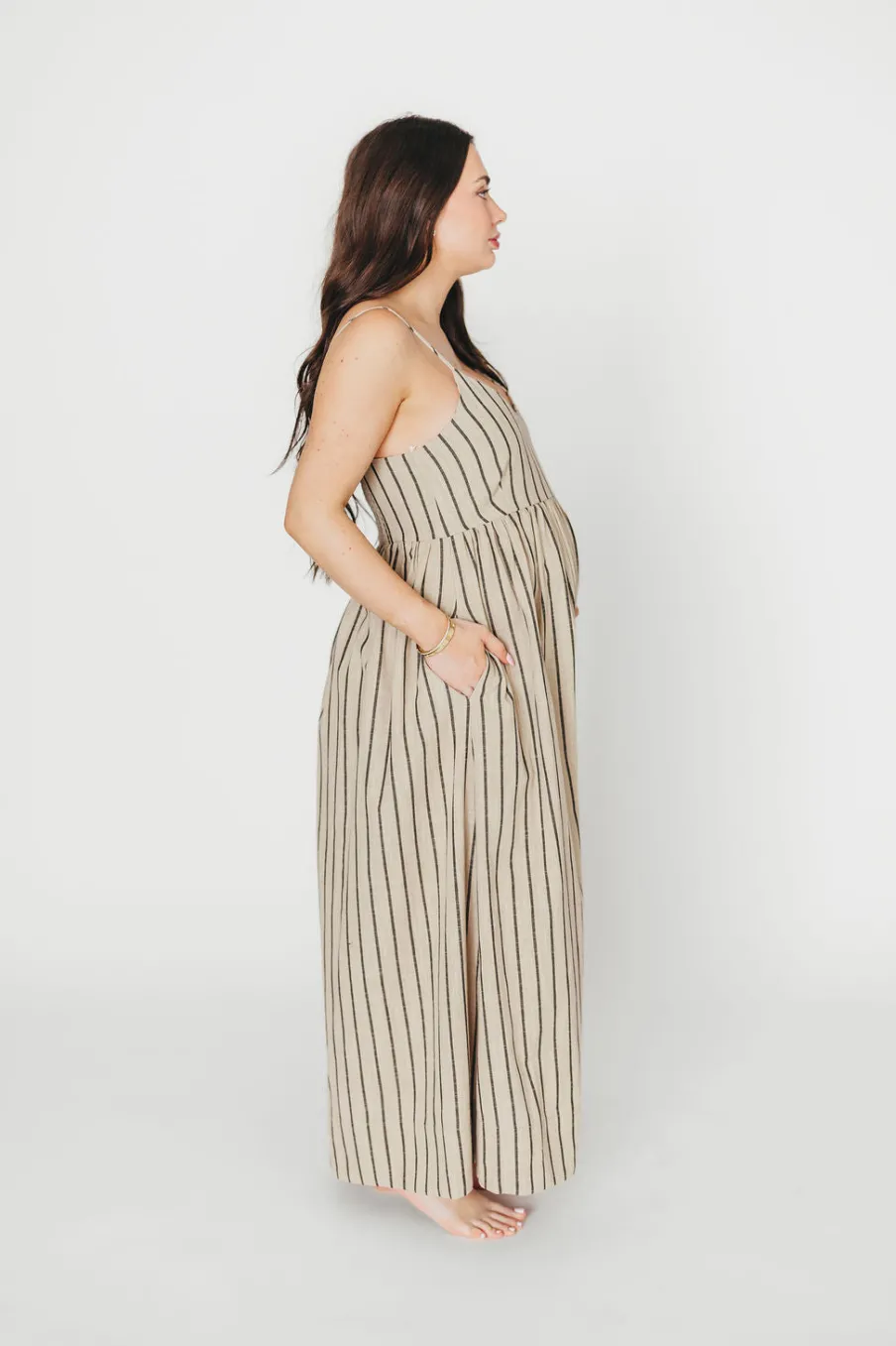 Outlet Worth Collective Carley Cotton & Linen Maxi Dress in Beige/Charcoal Stripe - Bump Frien