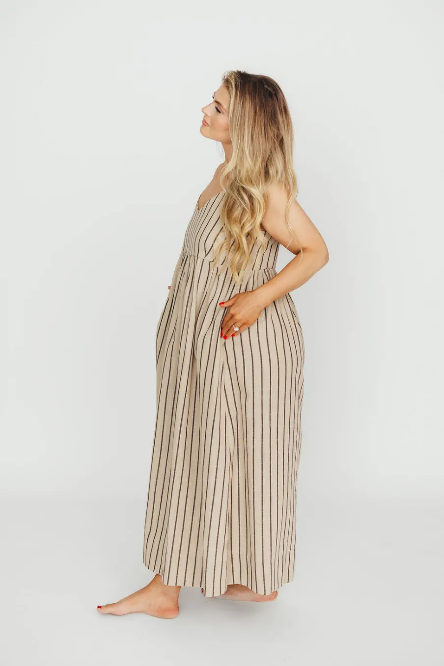 Outlet Worth Collective Carley Cotton & Linen Maxi Dress in Beige/Charcoal Stripe - Bump Frien