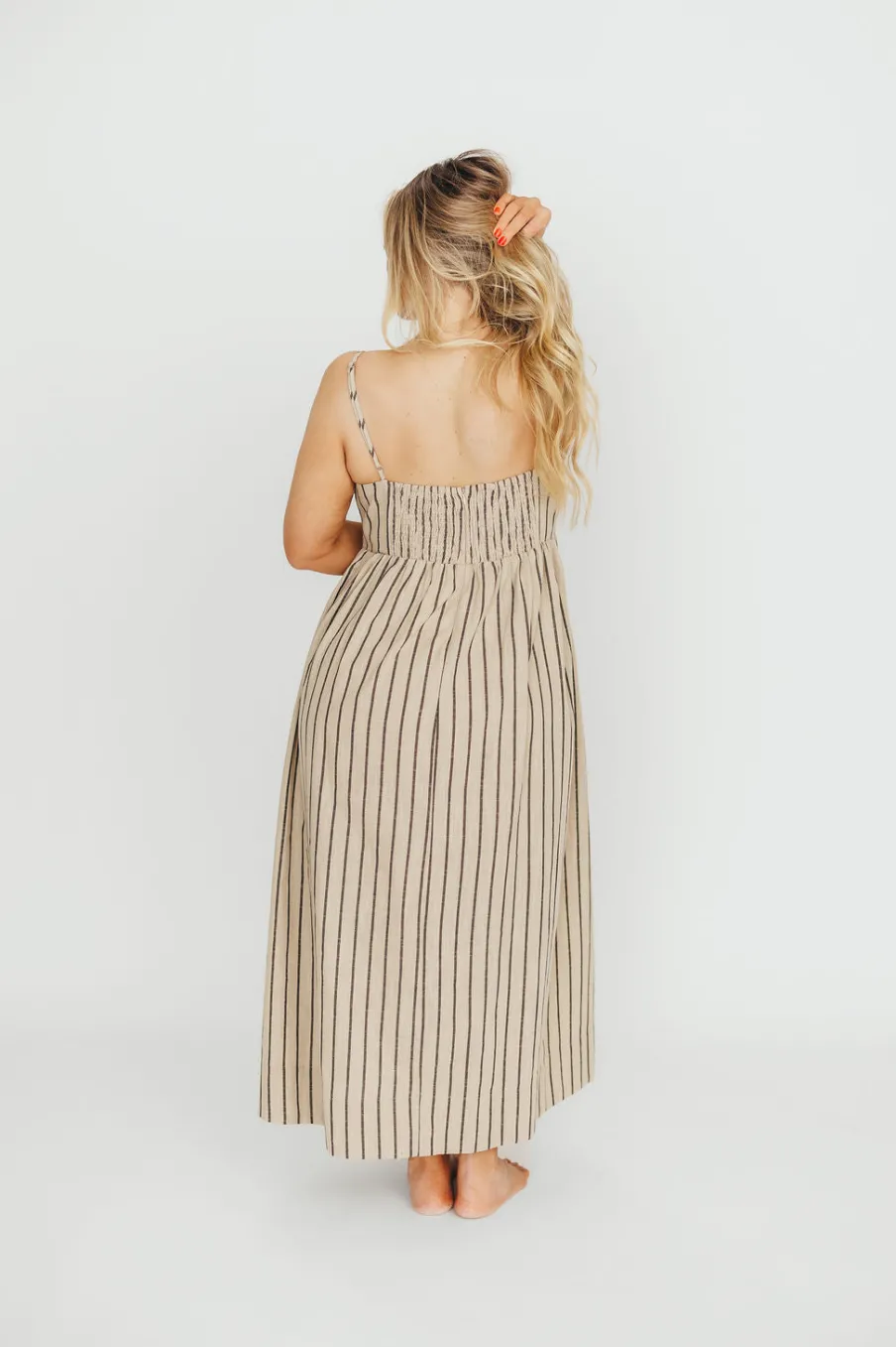 Outlet Worth Collective Carley Cotton & Linen Maxi Dress in Beige/Charcoal Stripe - Bump Frien