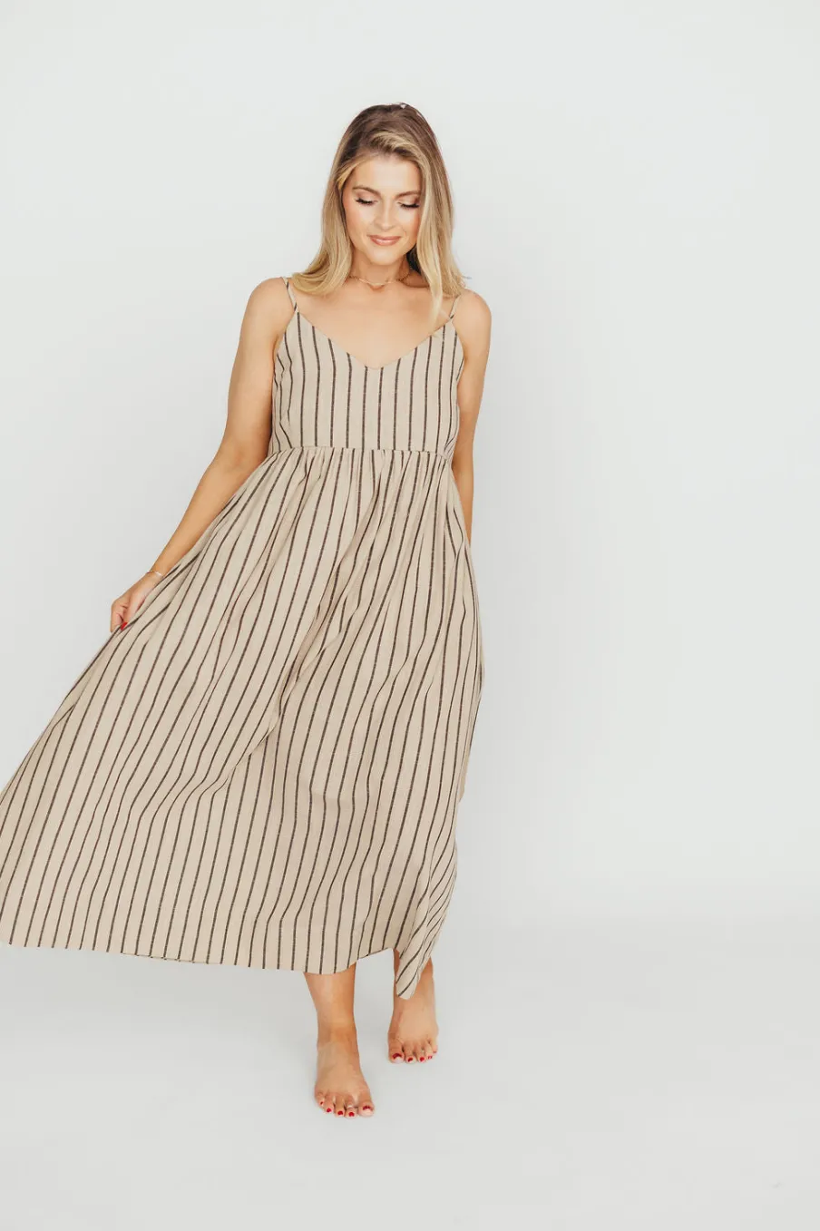 Outlet Worth Collective Carley Cotton & Linen Maxi Dress in Beige/Charcoal Stripe - Bump Frien