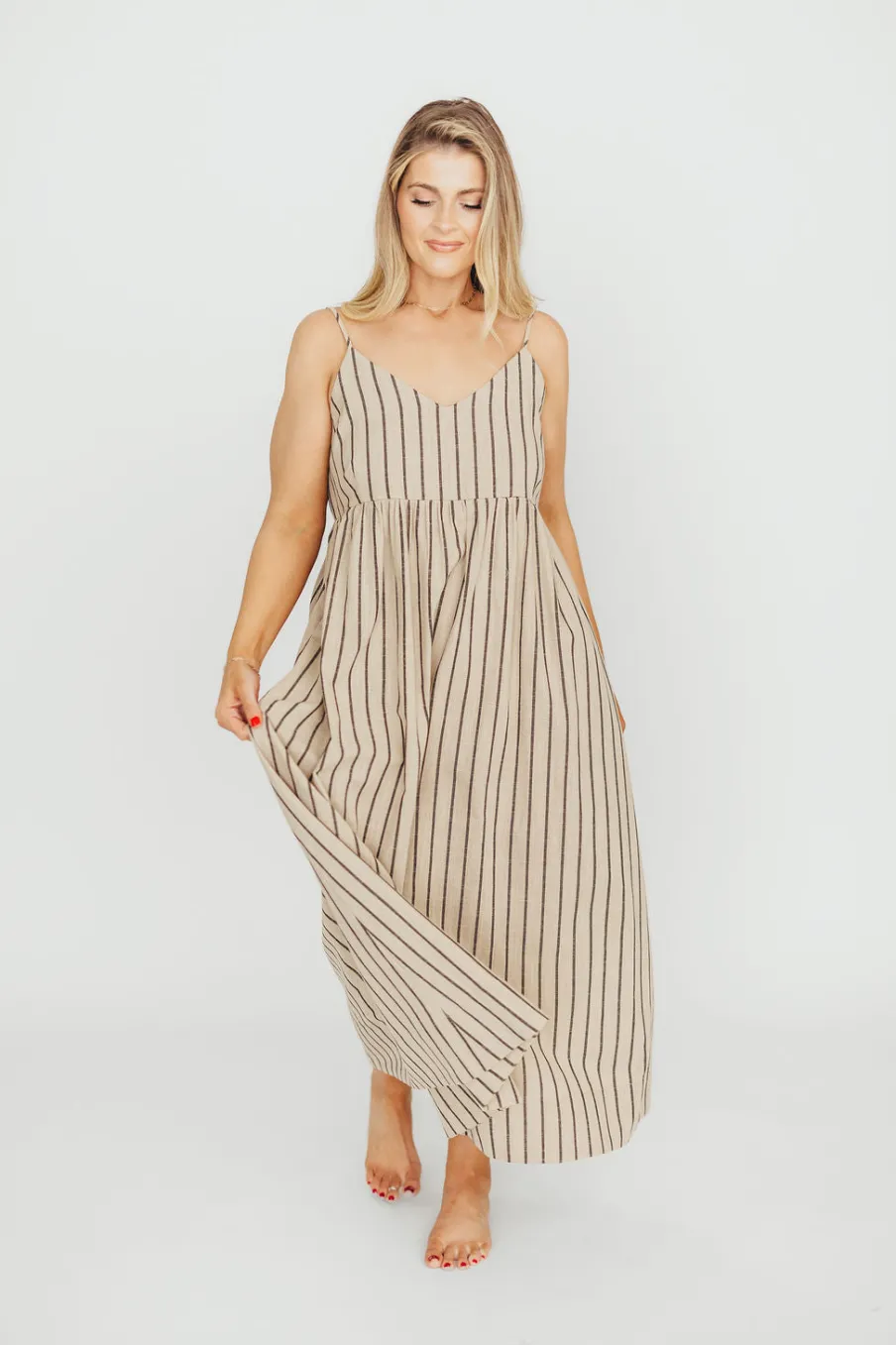 Outlet Worth Collective Carley Cotton & Linen Maxi Dress in Beige/Charcoal Stripe - Bump Frien