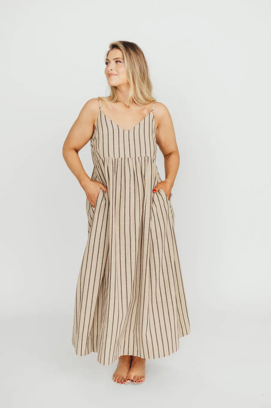 Outlet Worth Collective Carley Cotton & Linen Maxi Dress in Beige/Charcoal Stripe - Bump Frien