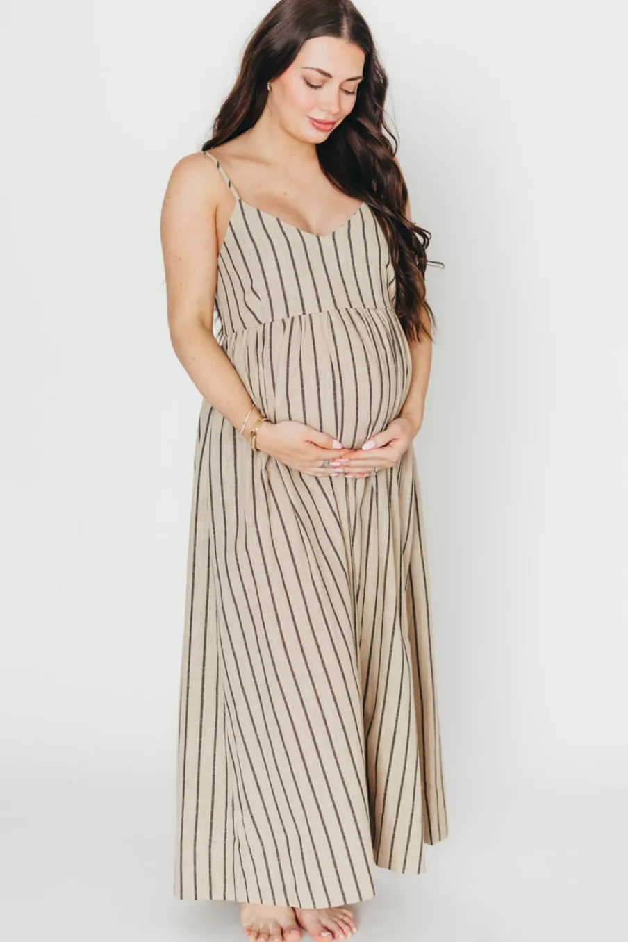 Outlet Worth Collective Carley Cotton & Linen Maxi Dress in Beige/Charcoal Stripe - Bump Frien