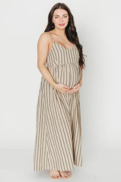 Outlet Worth Collective Carley Cotton & Linen Maxi Dress in Beige/Charcoal Stripe - Bump Frien