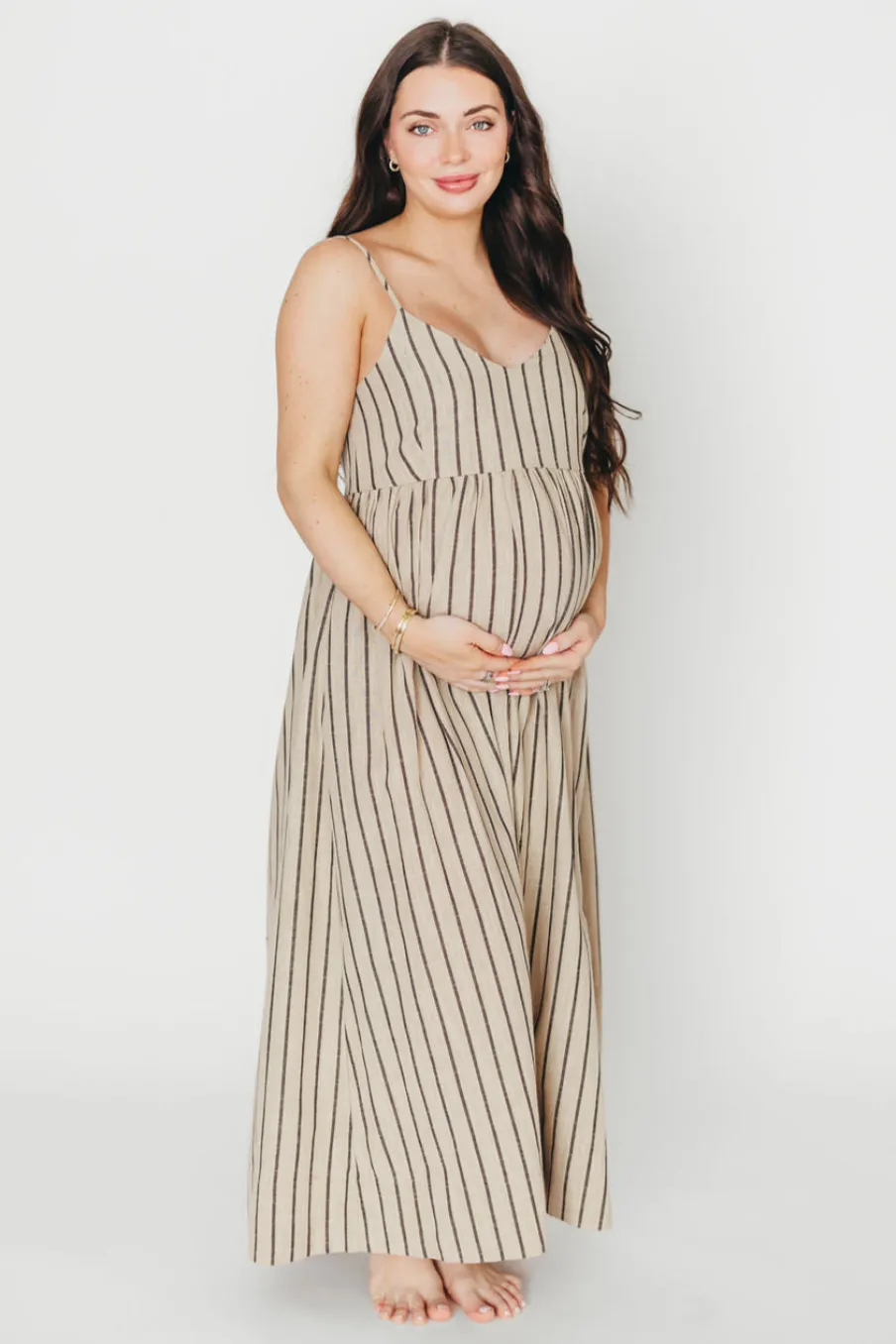 Outlet Worth Collective Carley Cotton & Linen Maxi Dress in Beige/Charcoal Stripe - Bump Frien