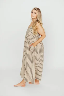Outlet Worth Collective Carley Cotton & Linen Maxi Dress in Beige/Charcoal Stripe - Bump Frien
