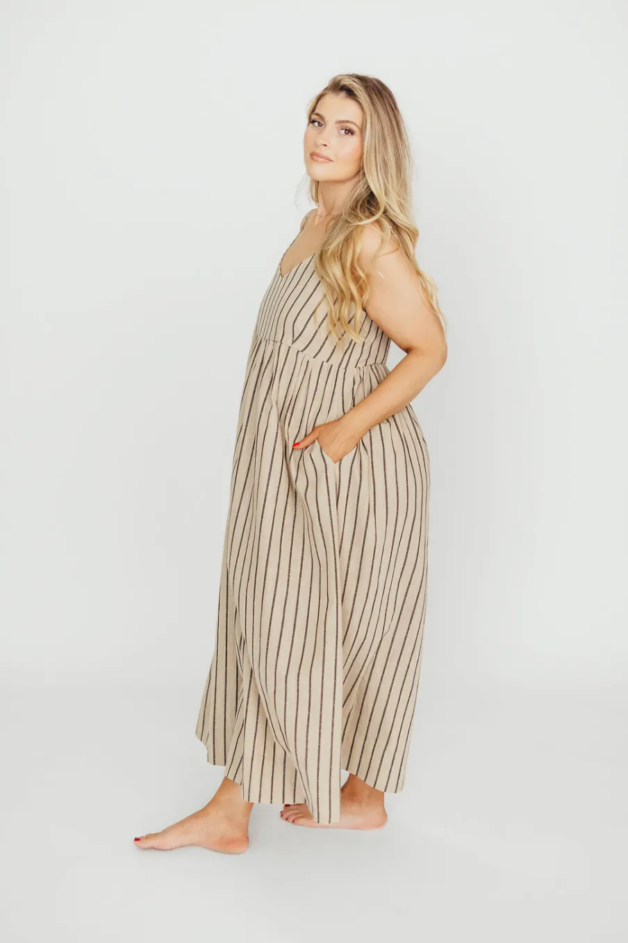 Outlet Worth Collective Carley Cotton & Linen Maxi Dress in Beige/Charcoal Stripe - Bump Frien