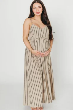 Outlet Worth Collective Carley Cotton & Linen Maxi Dress in Beige/Charcoal Stripe - Bump Frien
